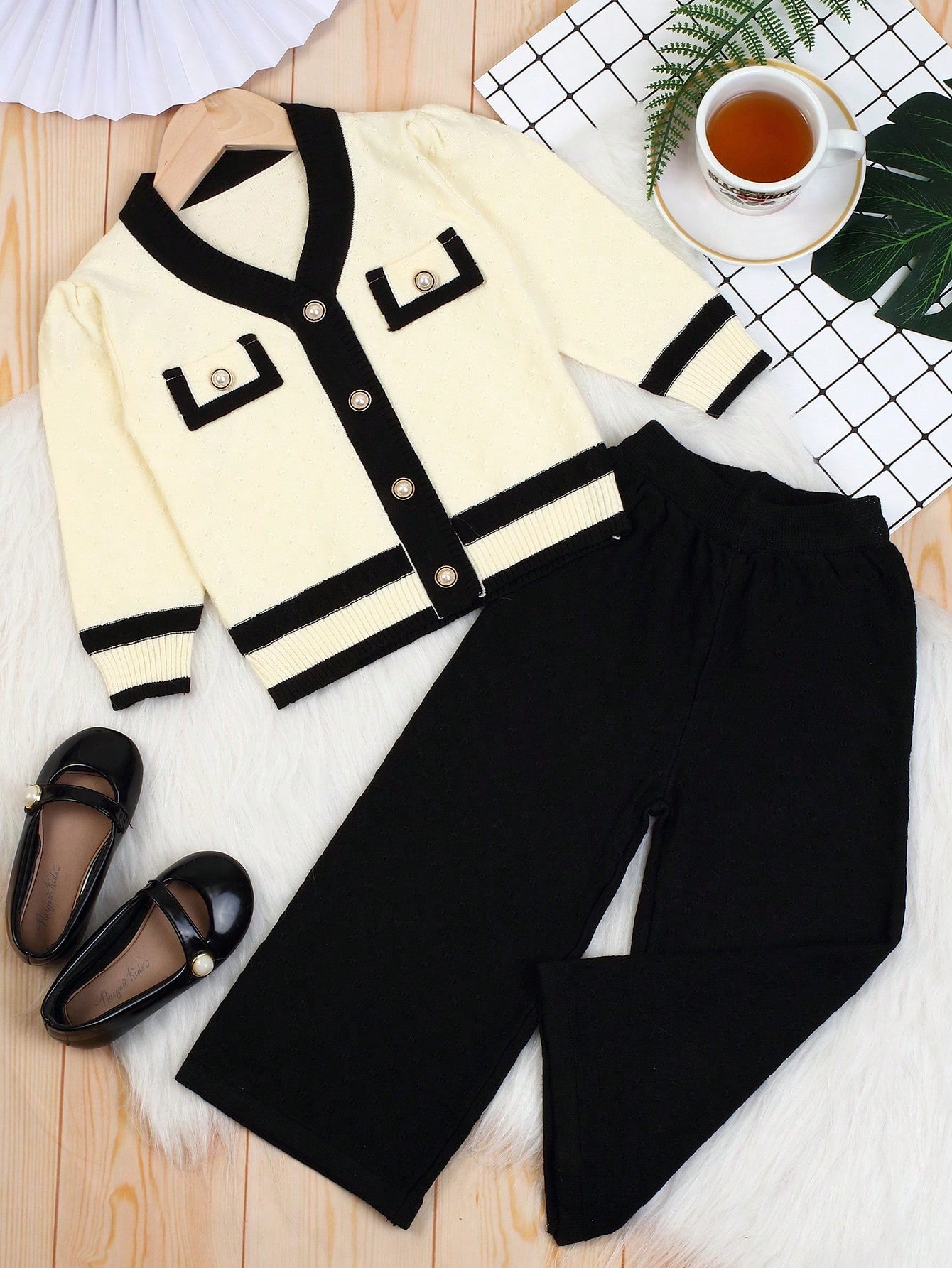 Young Girl Contrast Trim Cardigan & Knit Pants