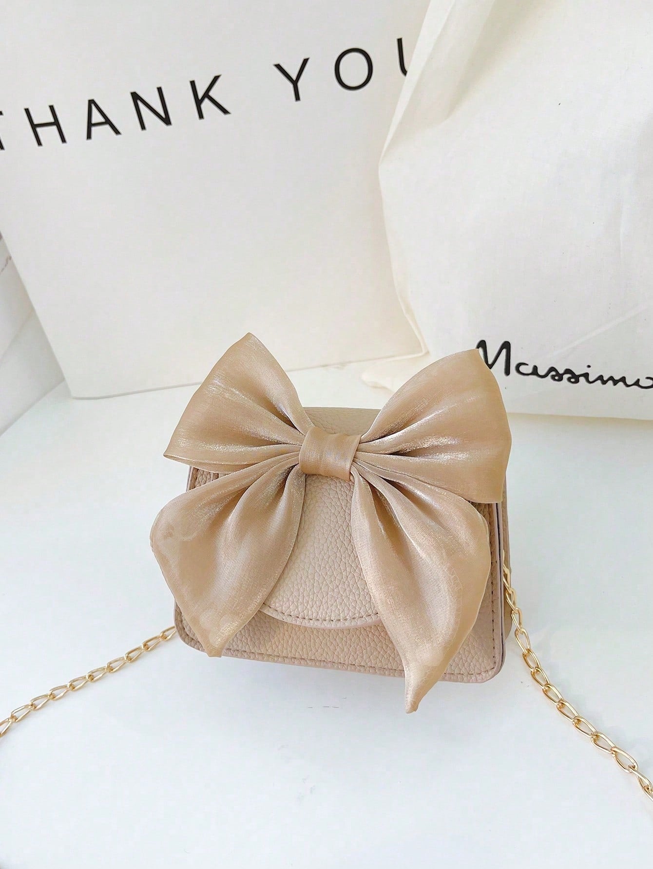 Solid Color Bowknot Kids' Crossbody Bag For Girls With Chain Strap, Mini Pu Bag, Bow Detail Shoulder Bag For Outdoor Accessory