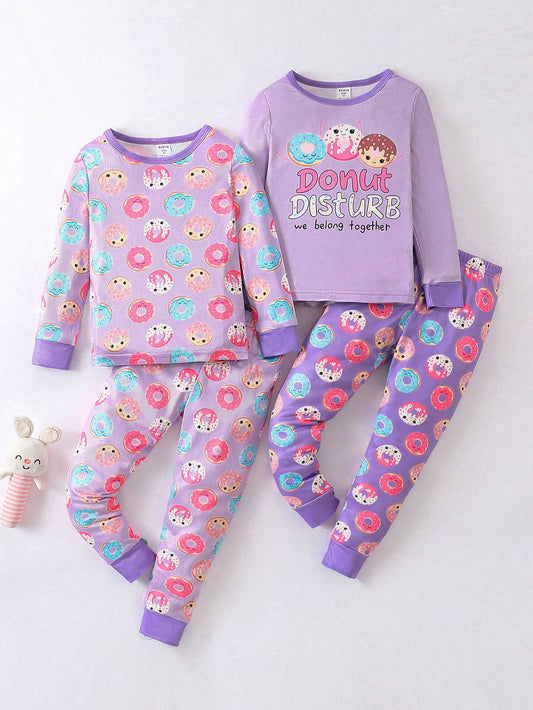 Young Girl 2sets Cartoon & Slogan Graphic Snug Fit PJ Set