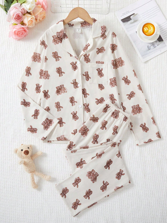 Tween Girl 2pcs Set Novelty Pattern Comfortable Pajama Set For Fall/Winter