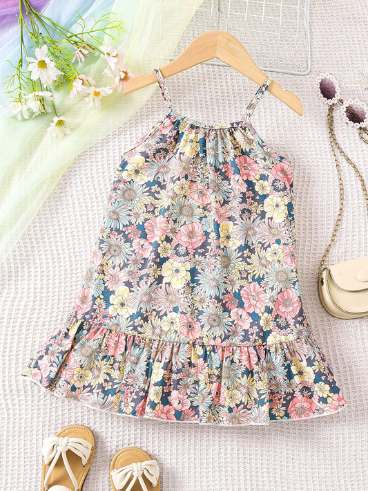 Young Girl Fashionable Floral Printed Dress With Ruffle Hem And Crossed Straps, Summer Beach Vacation