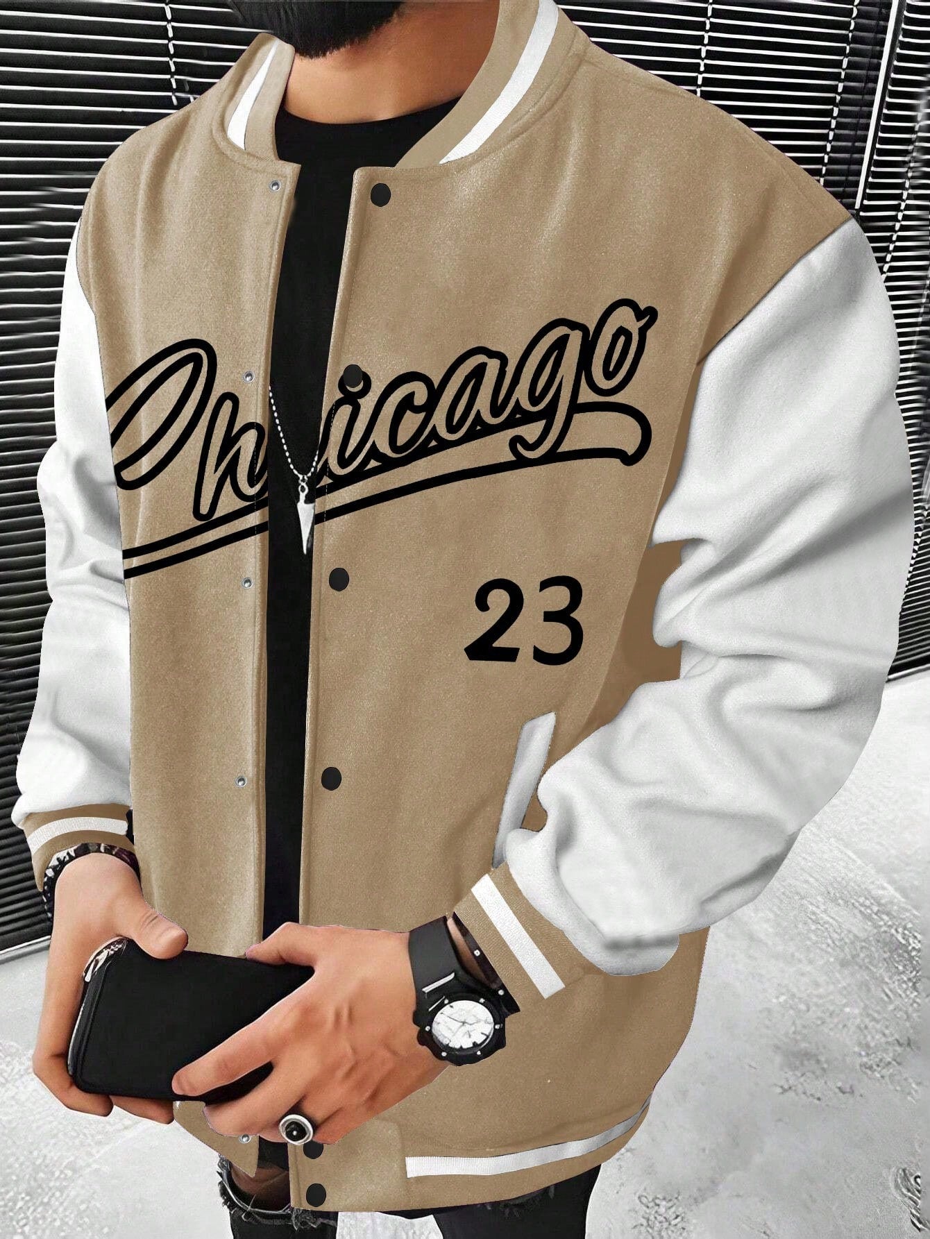 Men Letter Graphic Two Tone Varsity Jacket