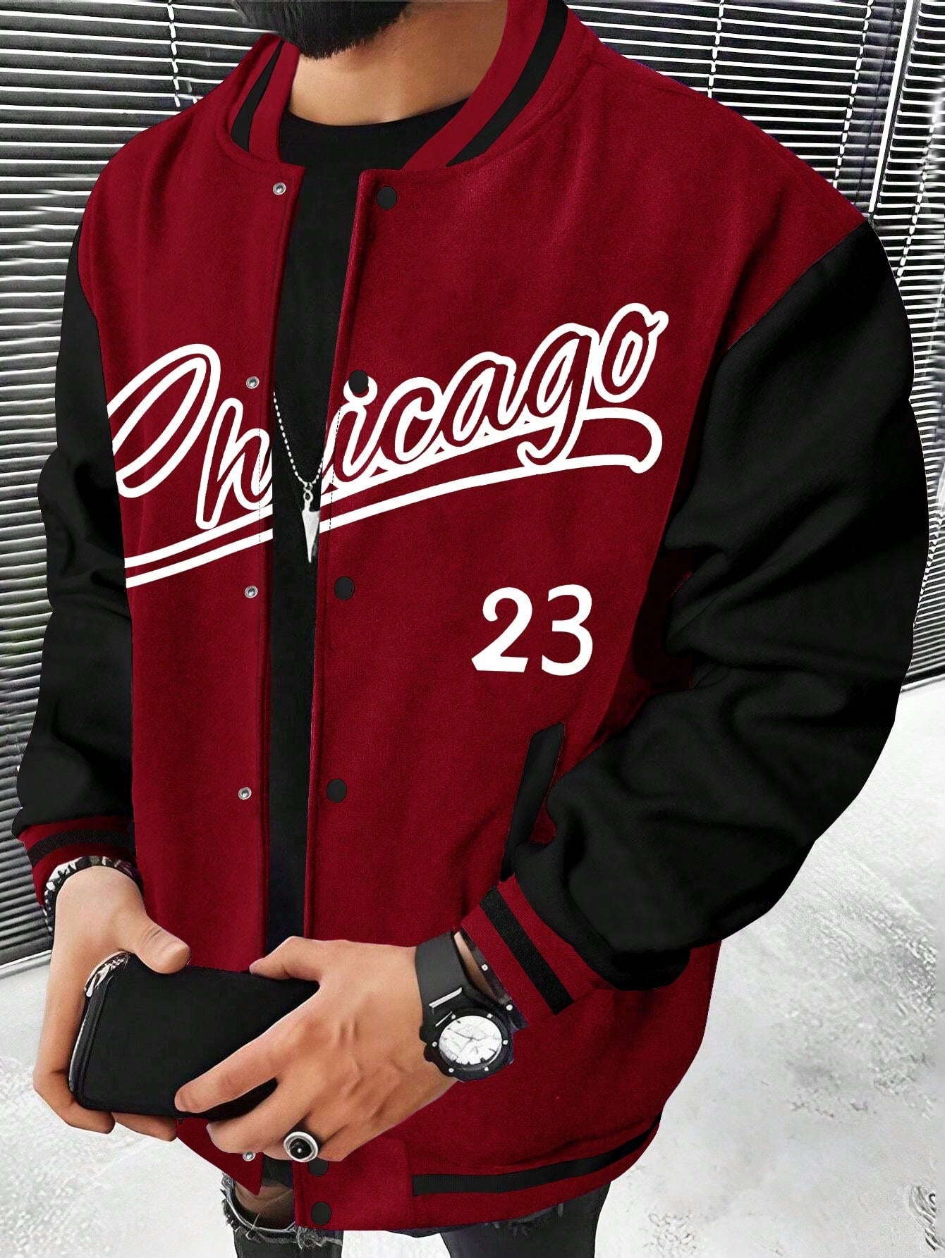 Men Letter Graphic Two Tone Varsity Jacket