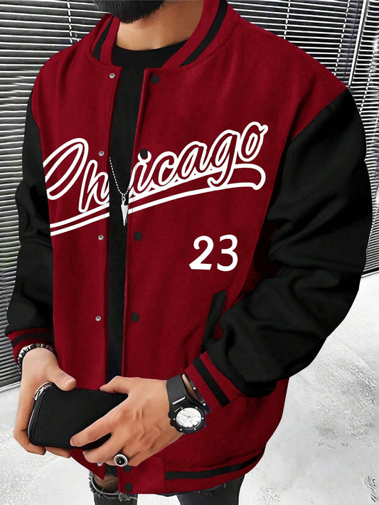 Men's Letter Print Color-block Baseball Jacket