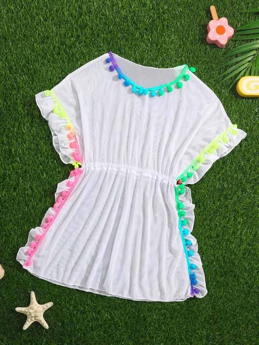 Young Girl Batwing Sleeve Cover Up With Pom Pom Trim