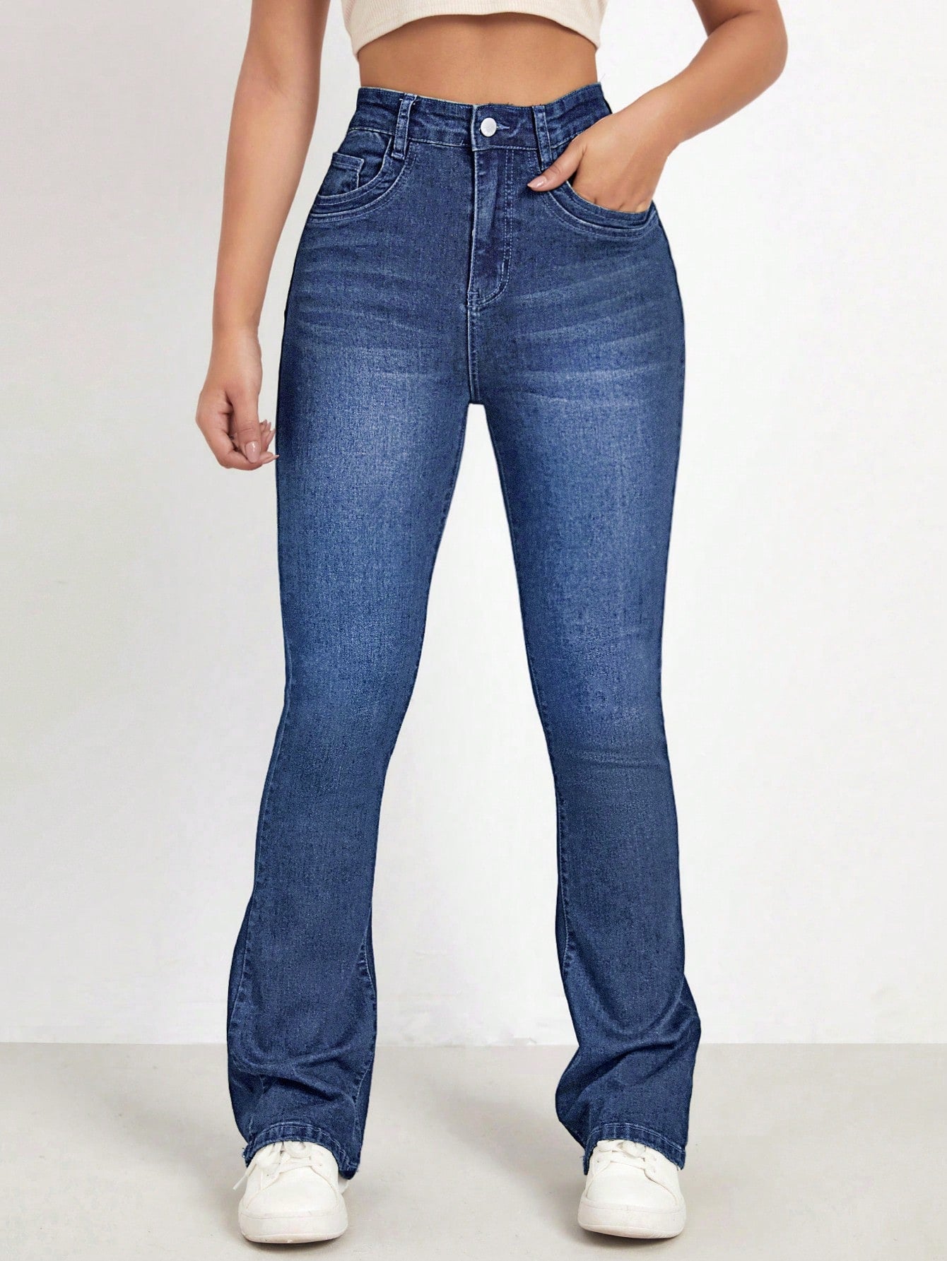 Washed Denim Blue High Waist Bleach Wash Flare Leg Jeans