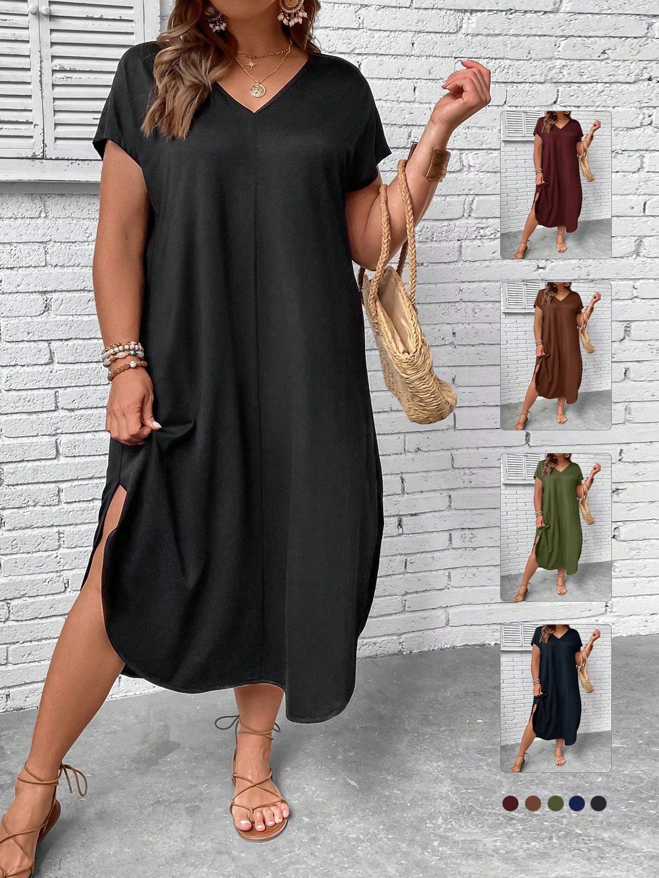 Plus Solid Batwing Sleeve Split Hem Dress