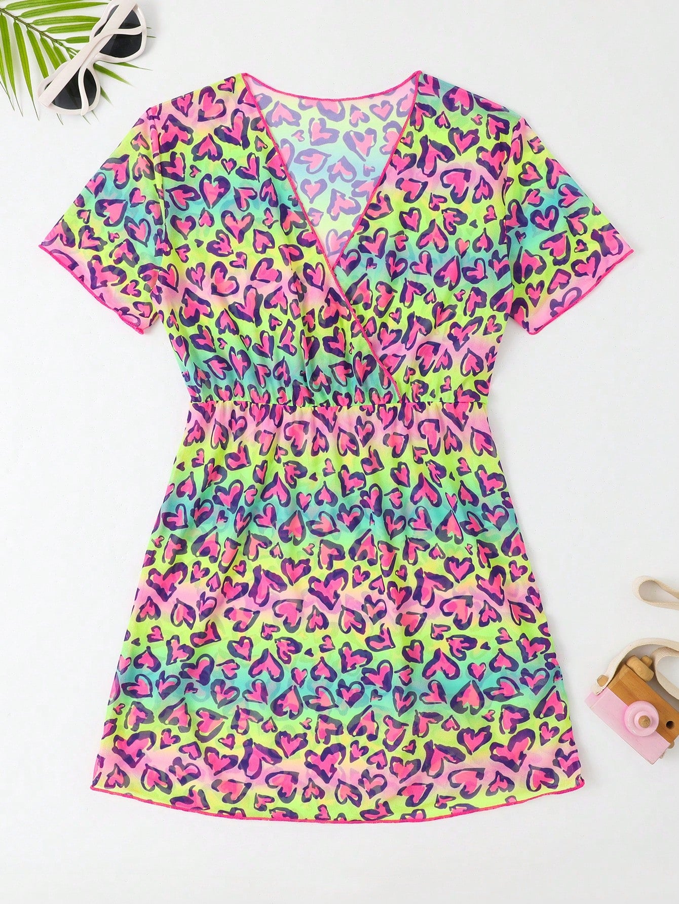 Tween Girl Holiday Heart Print Overlap V-Neck Short Sleeve Romper Dress