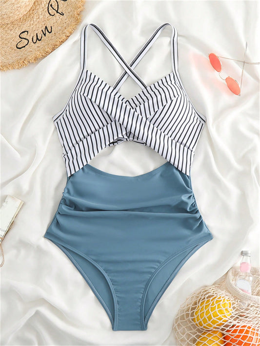 Striped Print Cut Out Criss Cross Ruched Side Onepiece Swimsuit