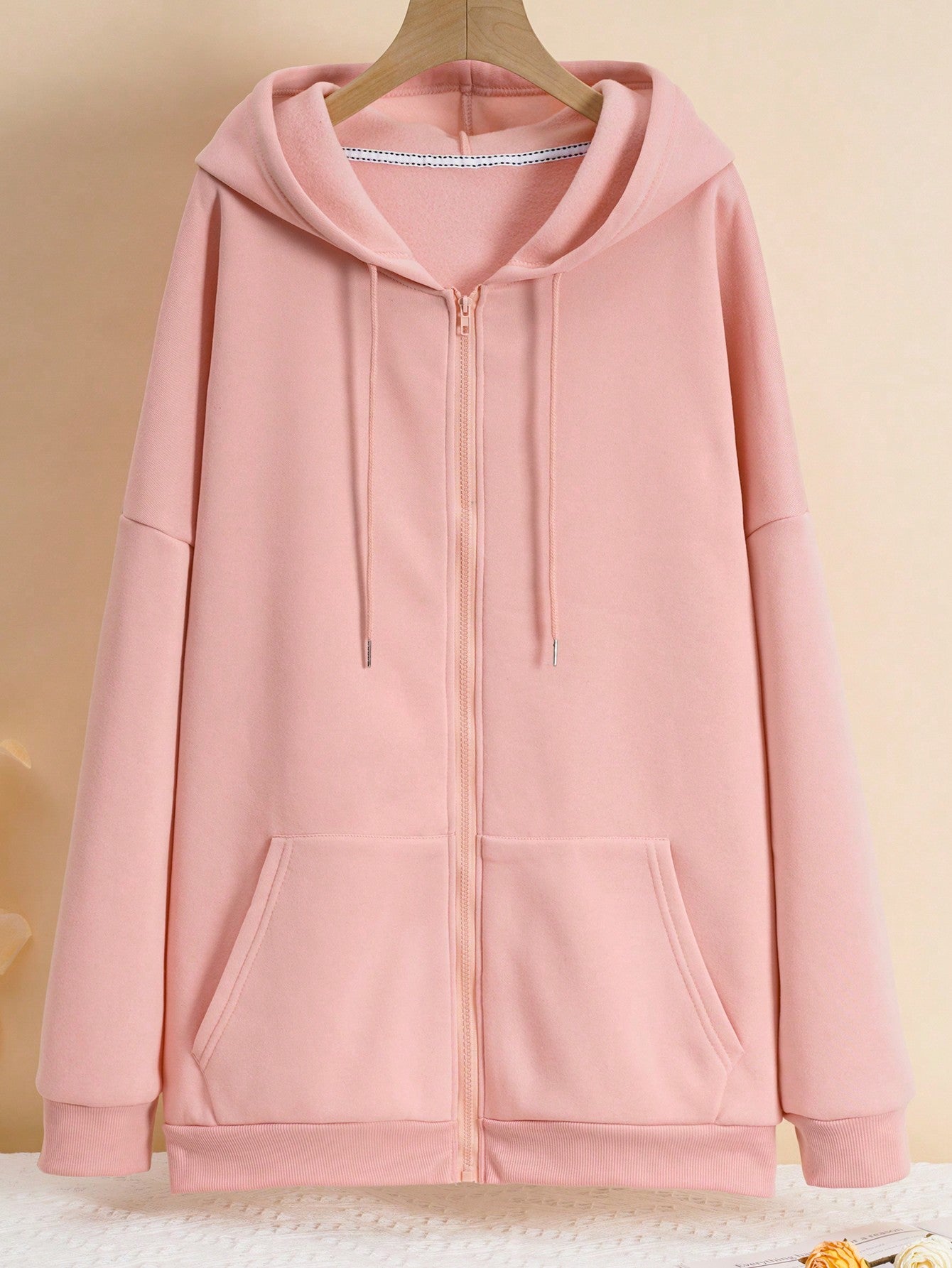 Plus Zip Up Drop Shoulder Drawstring Thermal Lined Longline Hoodie