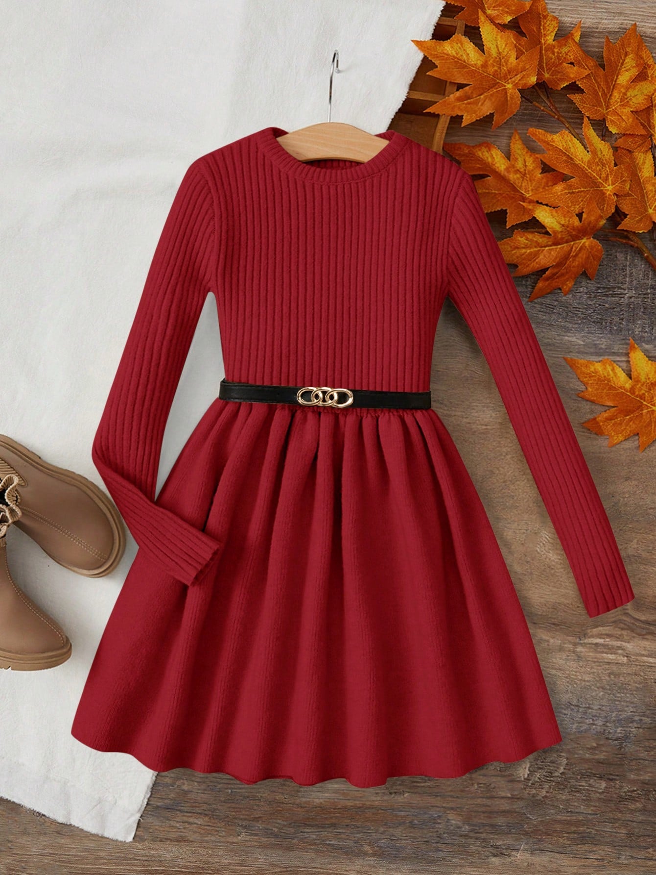 Tween Girl Long Sleeve Round Neck Sweater Dress With Swing Hem, Belt Not Included