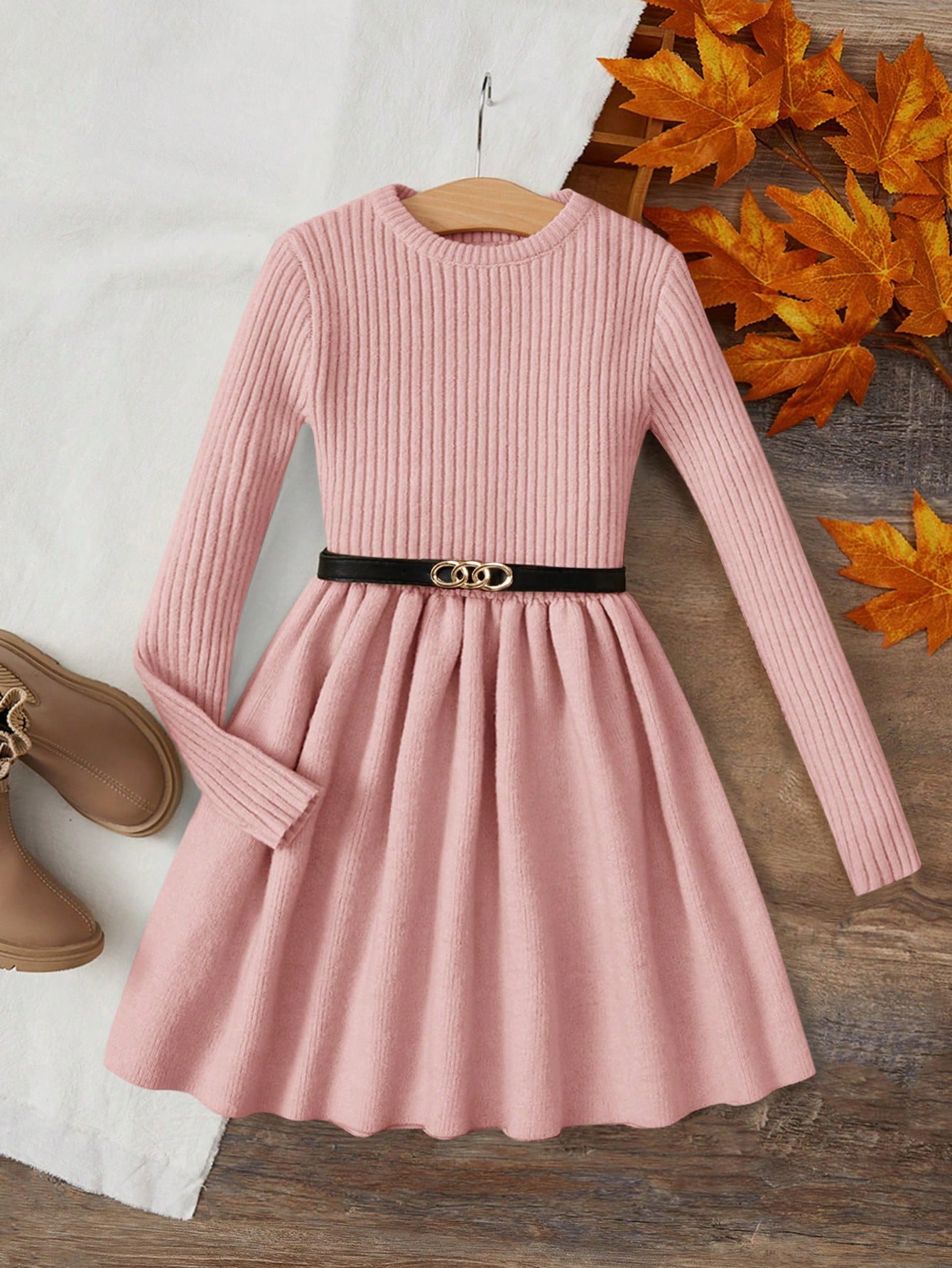 Tween Girl Long Sleeve Round Neck Sweater Dress With Swing Hem, Belt Not Included