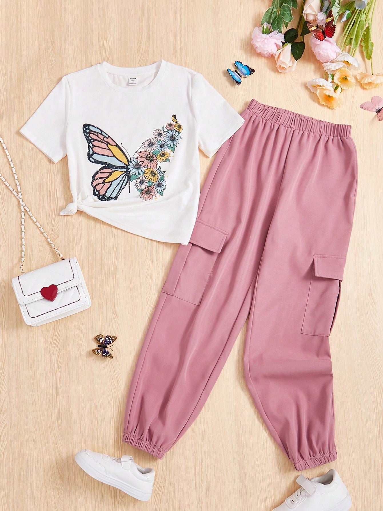 Tween Girls' Knitted Butterfly Pattern T-Shirt And Woven Cuffed Pants Casual 2pcs Outfit