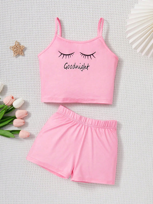 Tween Girls' Knitted Letter Printed Tank Top And Knitted Solid Color Shorts Snug Fit Homewear Set