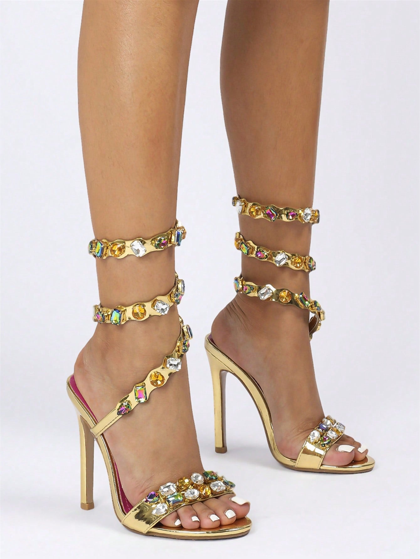 Luxury Gold Rhinestone Studs Women's Stiletto High Heels Sandals Sexy Ankle Wrap Summer Shoes For Weddings And Parties