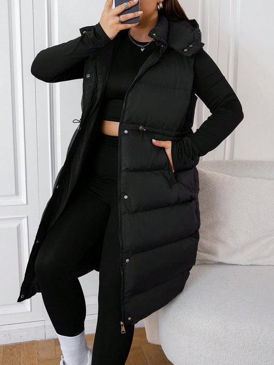 Plus Size Long Hooded Black Winter Vest Jacket