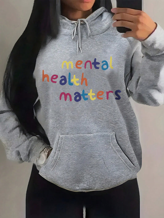 Plus Size Slogan Graphic Gray Drawstring Hooded Sweatshirt With Kangaroo Pocket, Mental Health Matters