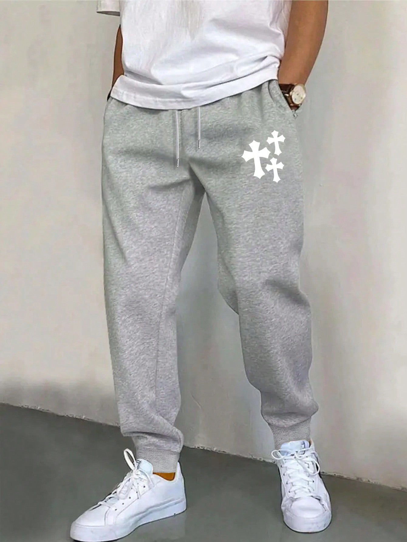 Men Cross Print Drawstring Waist Sweatpants