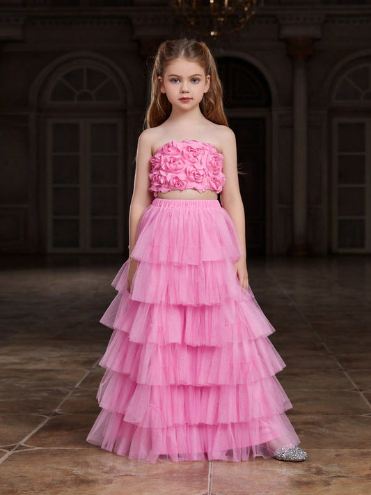 Tween Girl Sequined Strapless Top And Layered Tulle Skirt Party Set