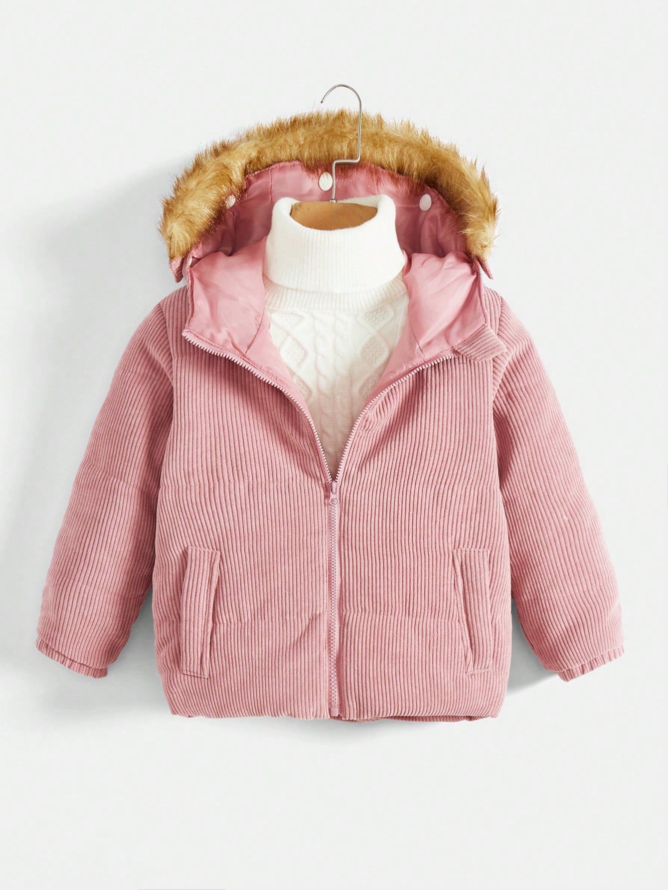 Young Girl Fuzzy Trim Hooded Corduroy Padded Coat Without Sweater