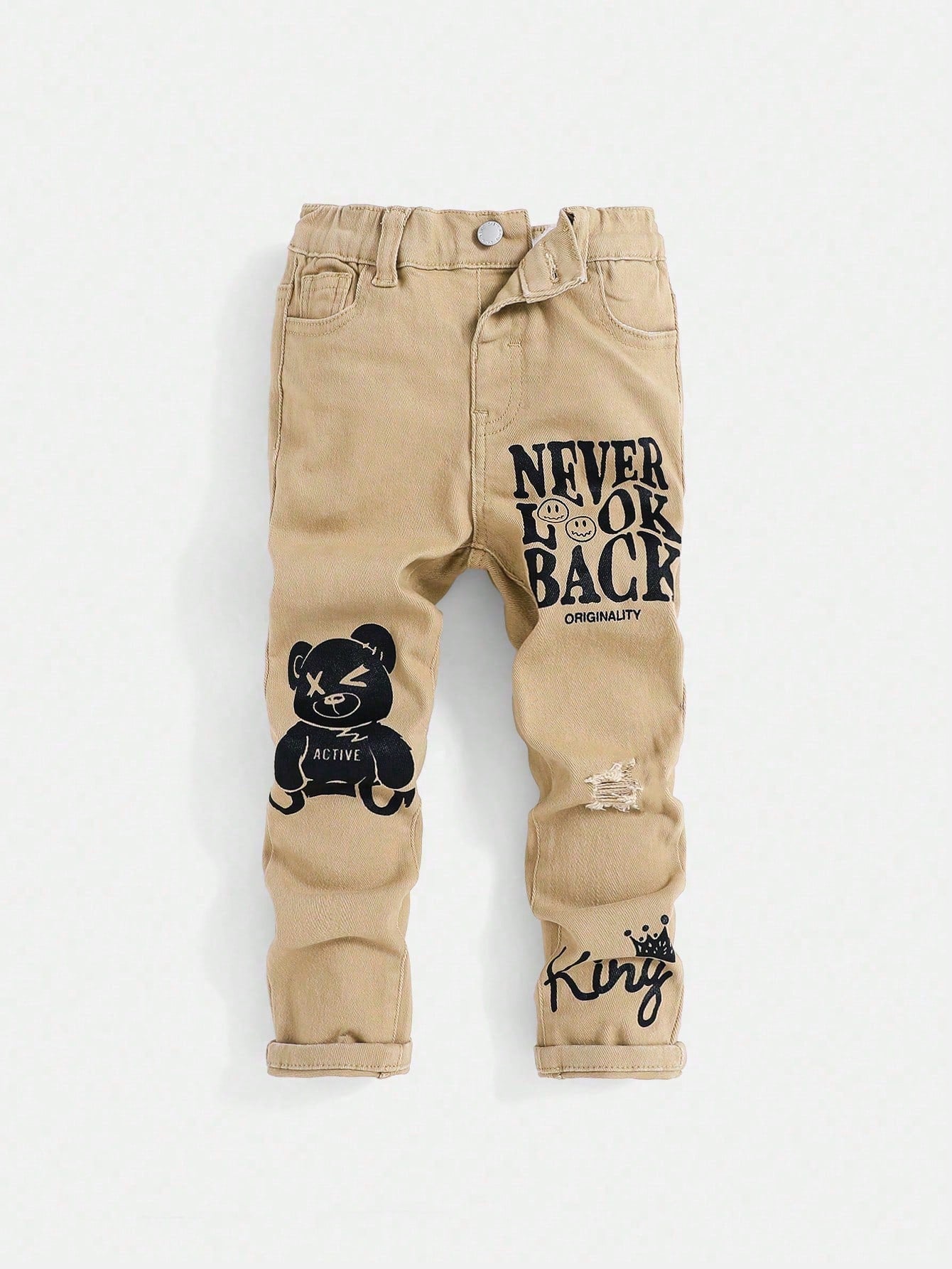 Young Boy Cartoon Bear And Text Print Jeans