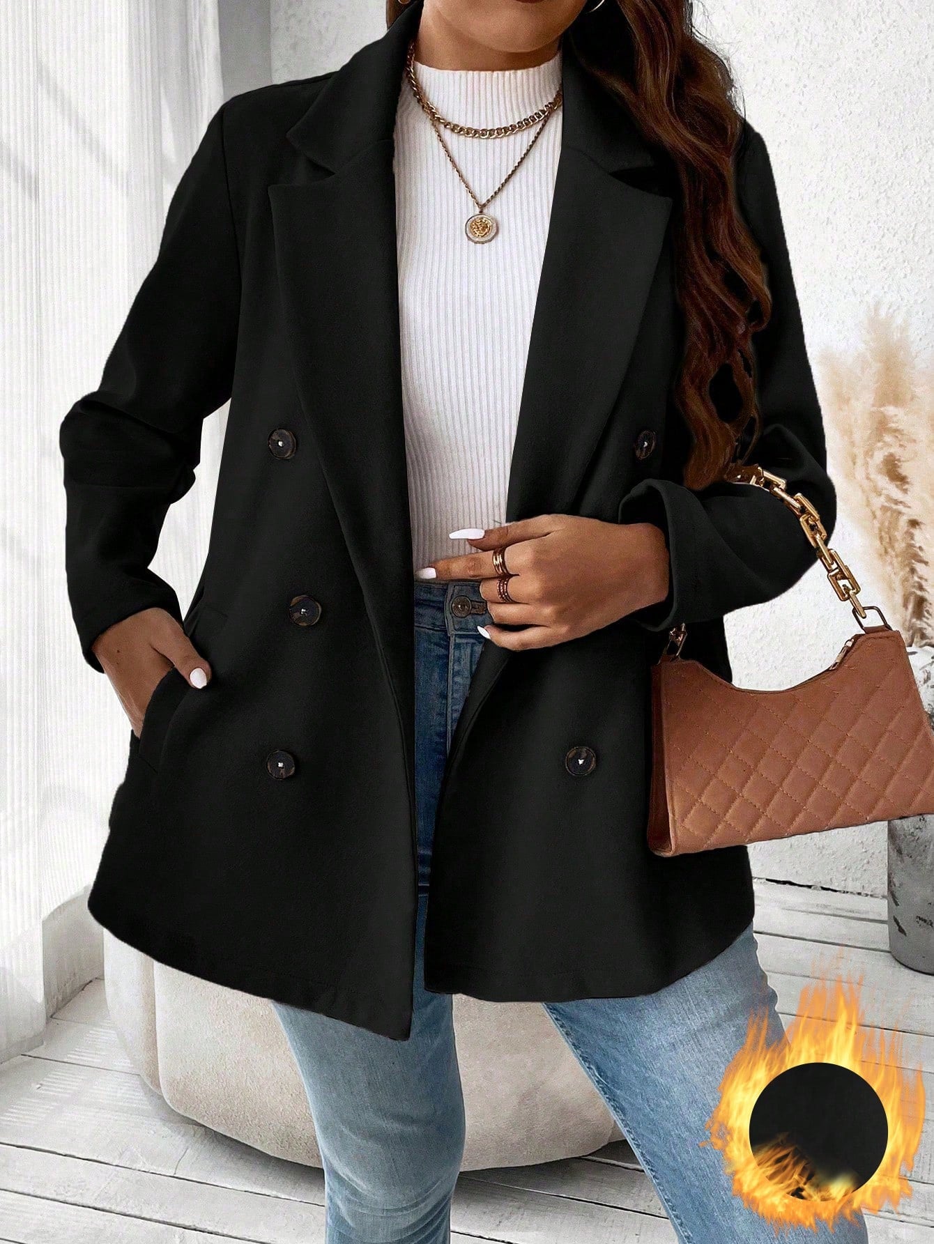 Frenchy Plus Size Woolen Coat With Double-breasted Closure And Suit Collar