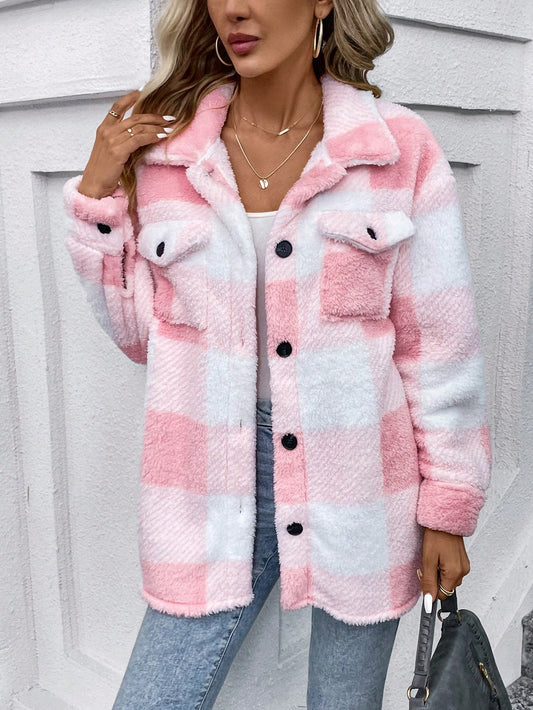 Women's Plaid Soft Fur Regular Fit Coat