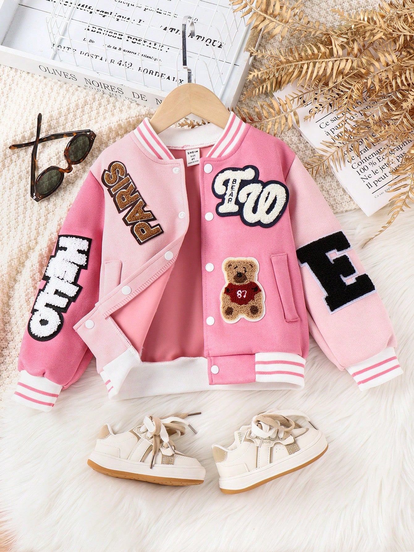 Young Girl Letter & Bear Patched Baseball Jacket