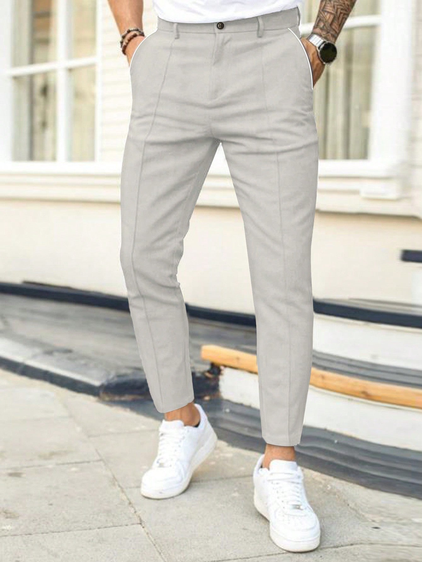 Men Casual Solid Slant Pocket Suit Pants