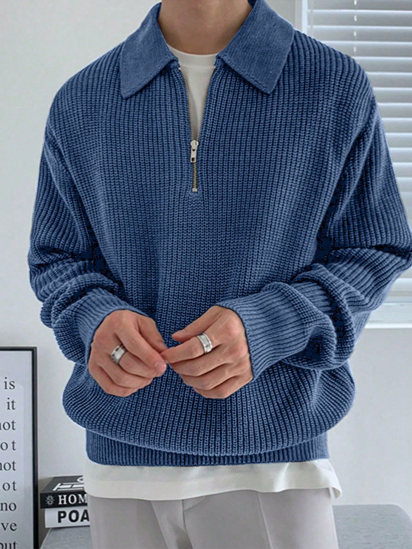 Men 1pc Quarter Zip Ribbed Knit Sweater