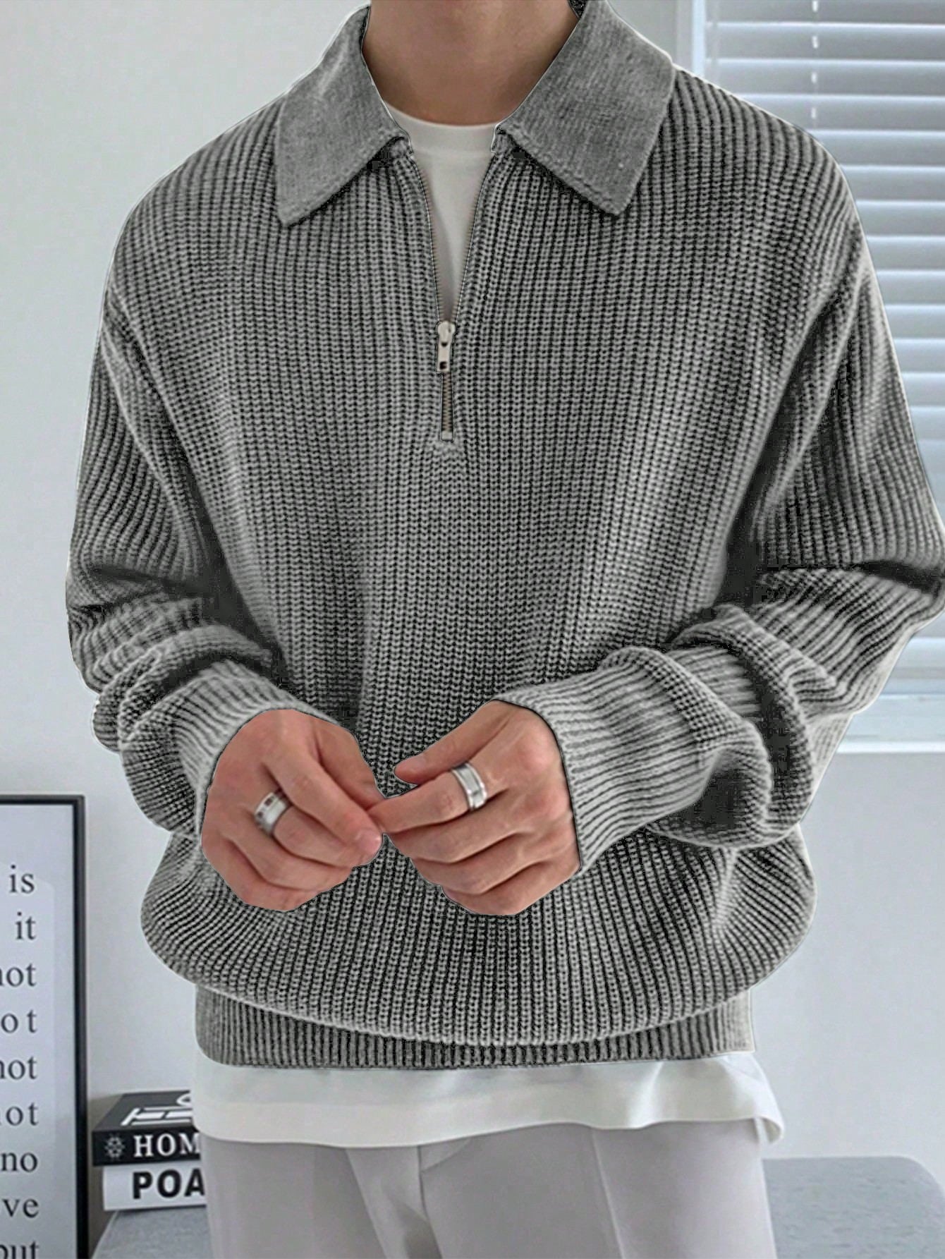 Men 1pc Quarter Zip Ribbed Knit Sweater