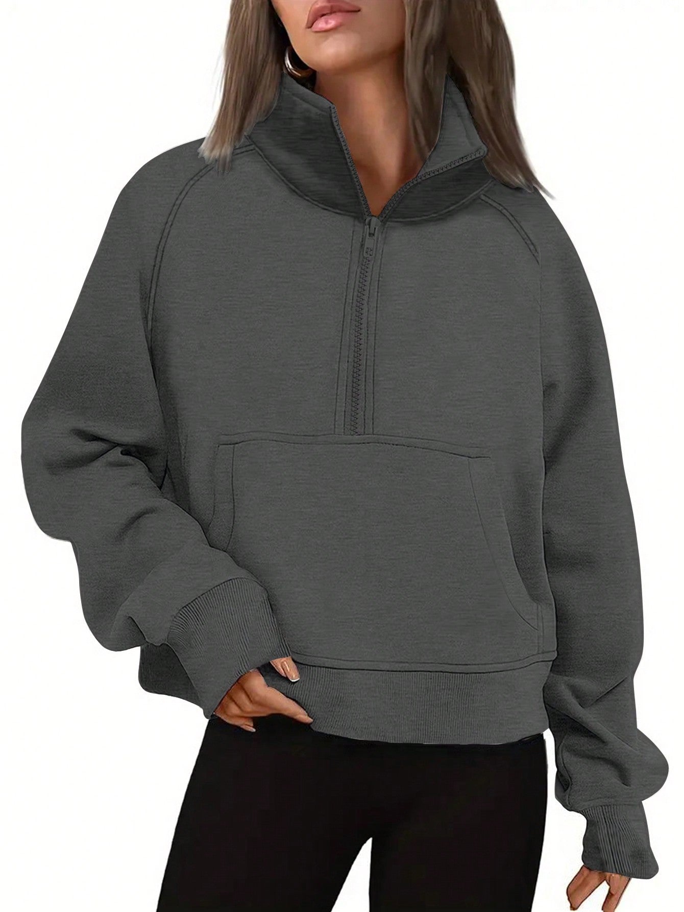 Women's Solid Color Zipper Half Placket Sweatshirt With Raglan Sleeve