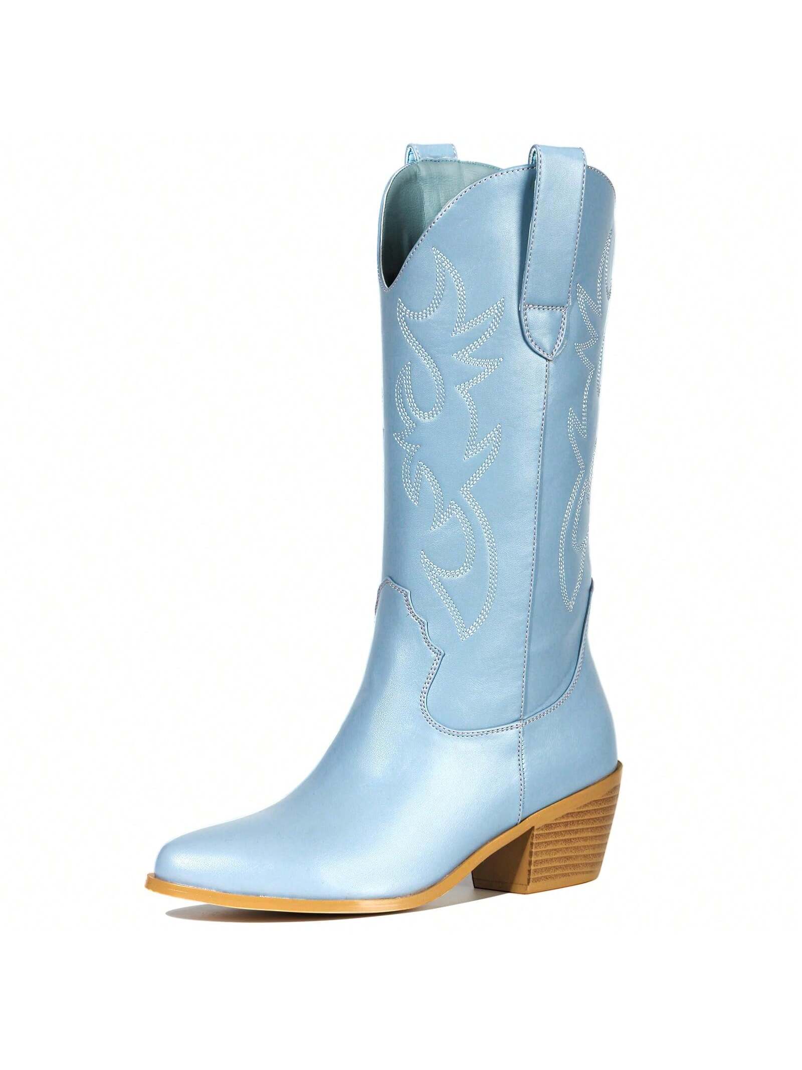 Women's Cowgirl Embroidered Western Cowboy Boots, Mid Calf Booties Pointed Toe Chunky Heel 5cm Pull On Fashion Design Western Boots For Ladies, Party And Outdoor