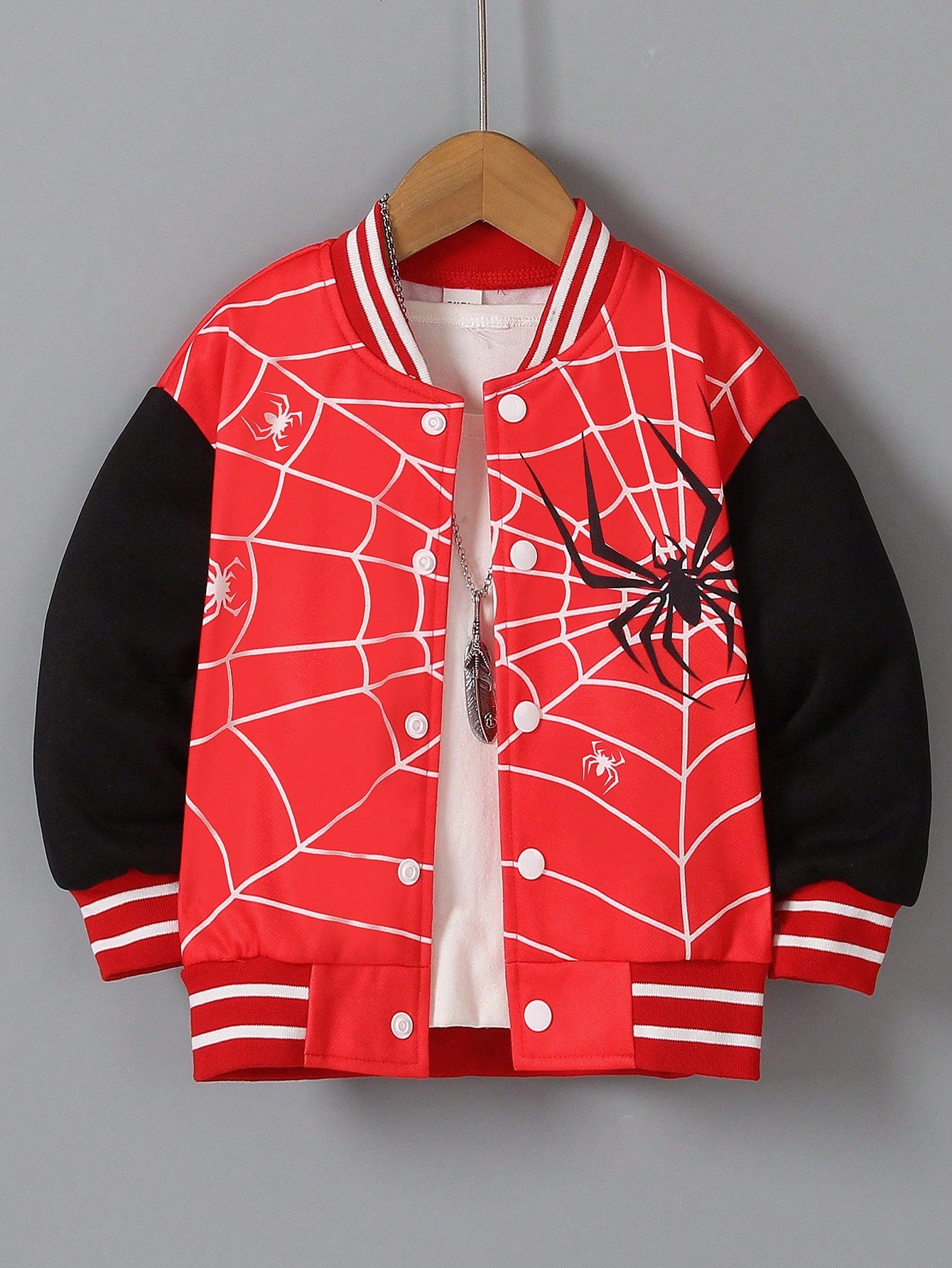 Young Boy Casual Colorblock Long Sleeve Jacket With Spider Printed Pattern