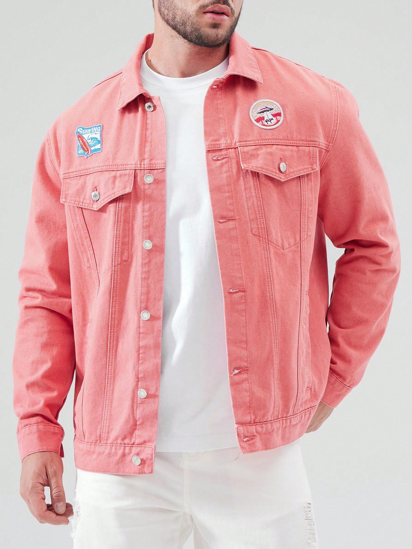 Plus Size Men's Denim Jacket With Patch Design And Patchwork