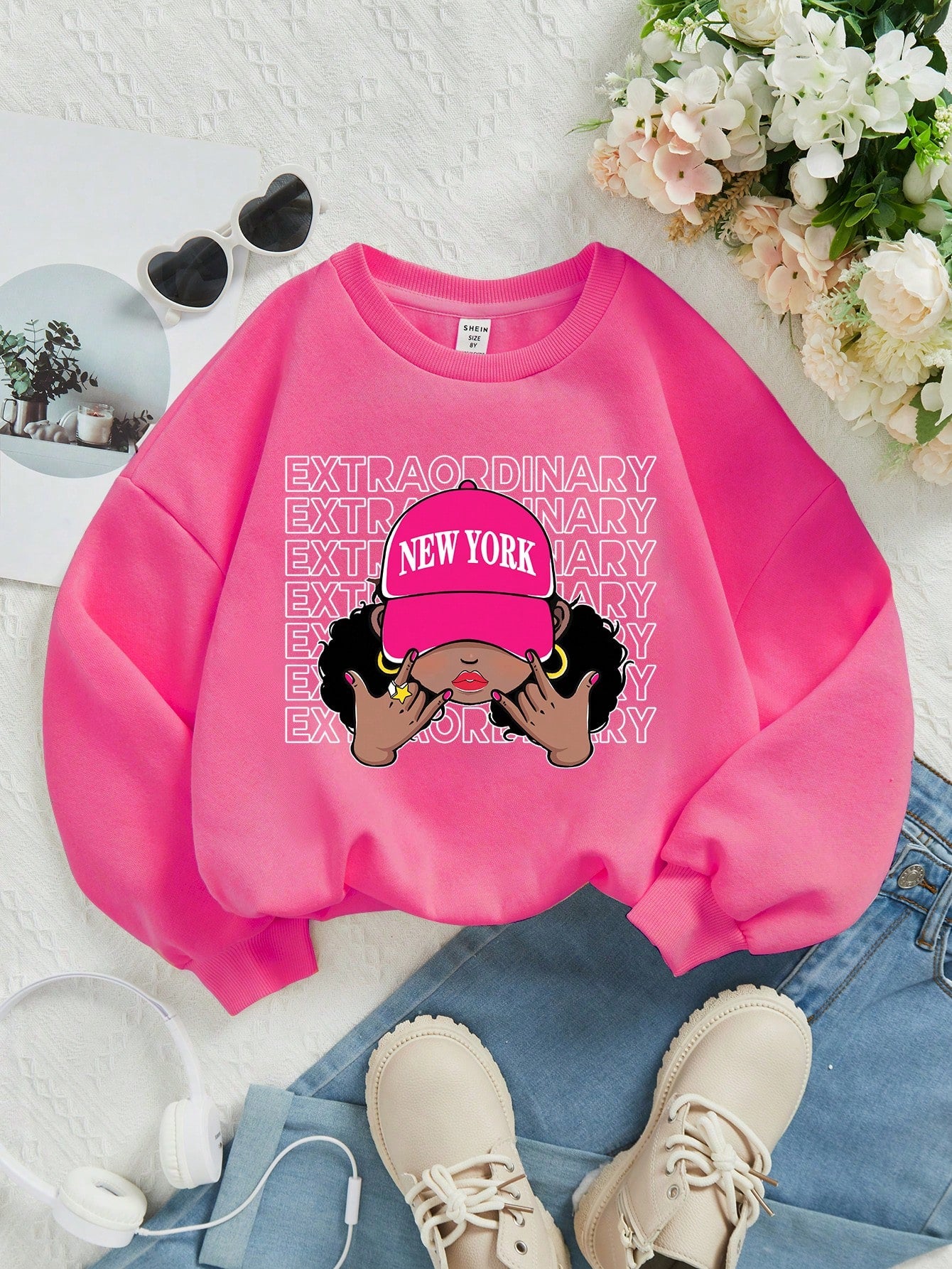 Young Girls Casual Trendy "ADVENTURE 90" Print White Cozy Knit Crew Neck Long Sleeve Pullover Sweatshirt For Fall/Winter