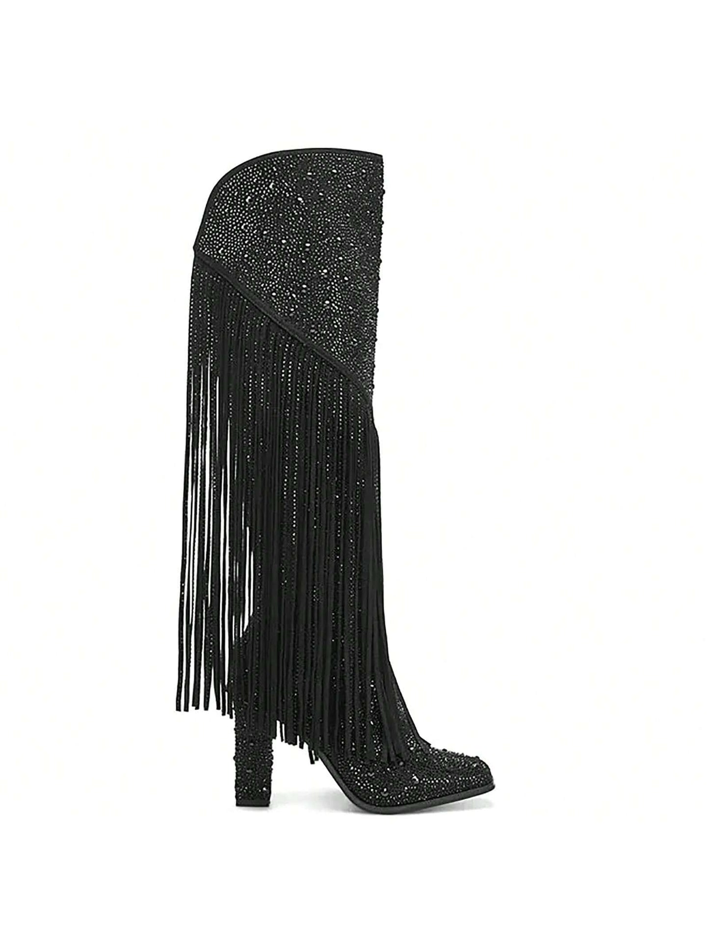 Women's Fringe Rhinestone Cowboy Boots Western Cowgirl Pointed Toe Block High Heel Zipper Knee High Boots For Girl,Party,Dating