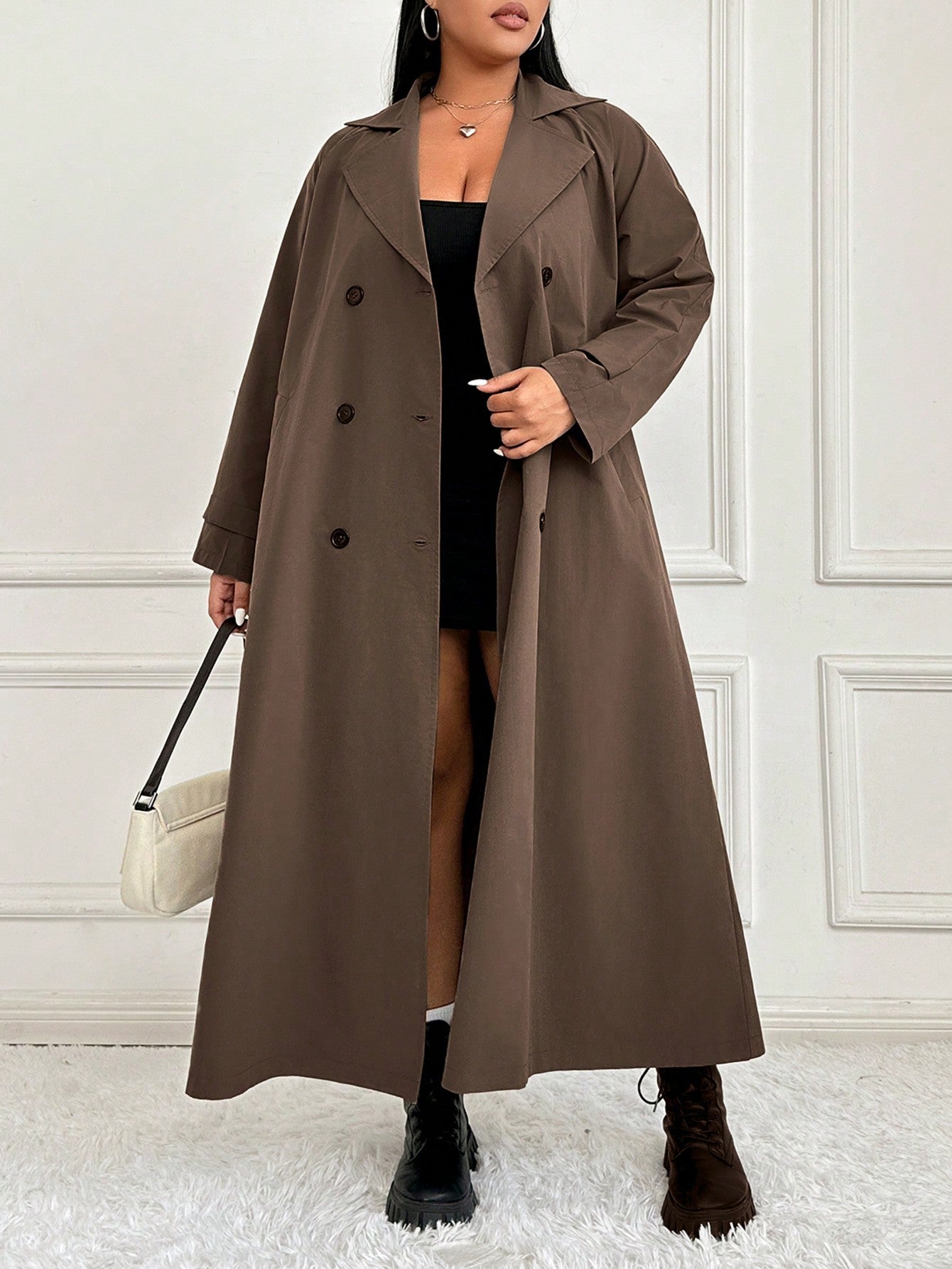 Plus Size Turn-Down Collar Double Breasted Belted Trench Coat Jacket