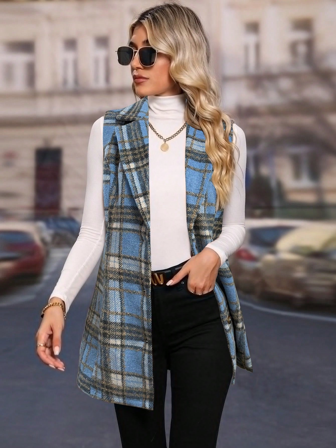 Plaid Lapel Neck Vest Coat