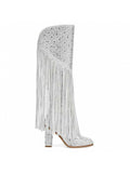 Women's Fringe Rhinestone Cowboy Boots Western Cowgirl Pointed Toe Block High Heel Zipper Knee High Boots For Girl,Party,Dating