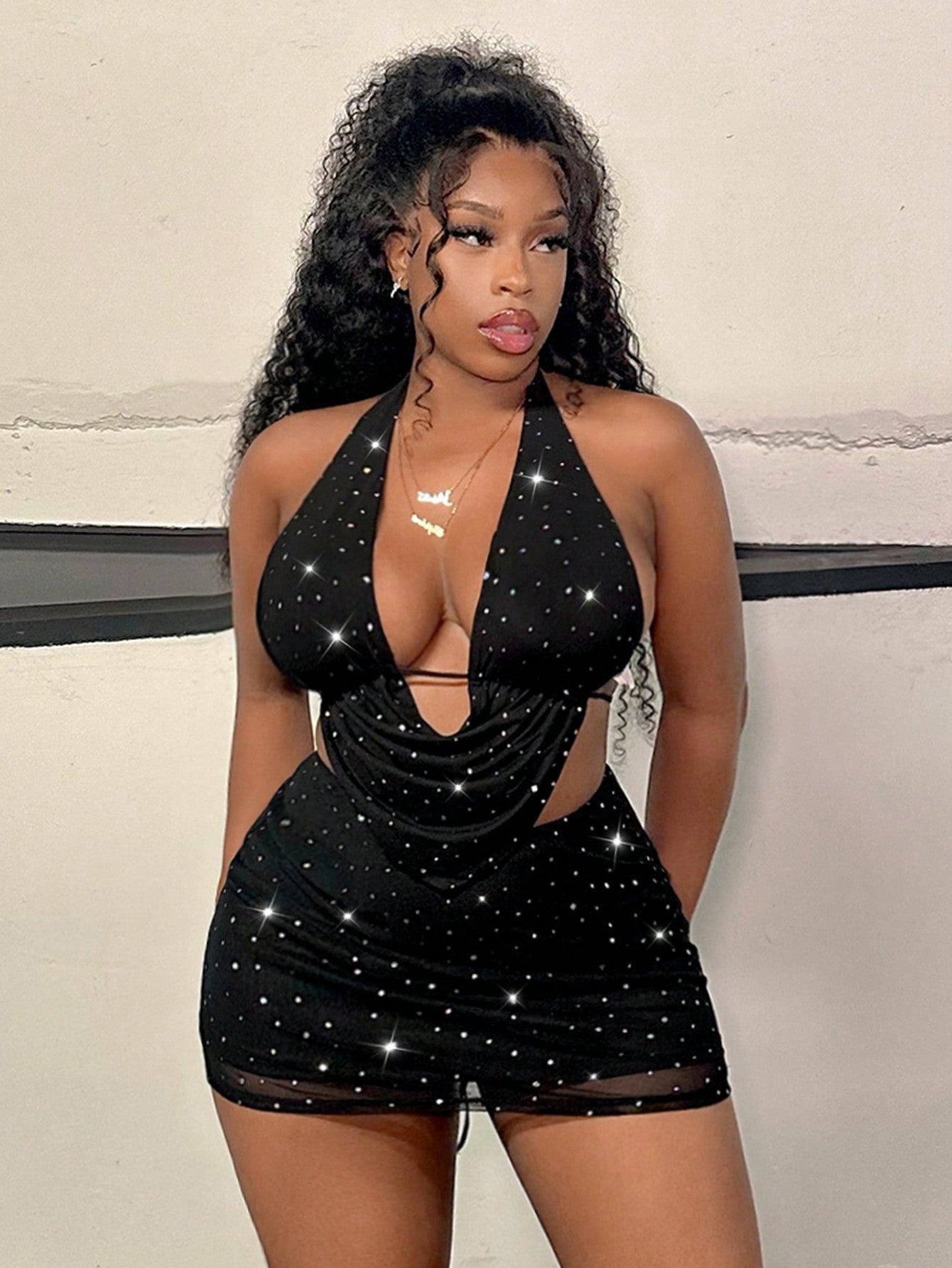 Elegant And Sexy Black Mesh Sparkling Rhinestone Detail Halter Neckline Backless Top And Mini Skirt Set For Valentine's Day, Music Festival, Holiday, And Date Night  For Women Two Piece Skirt Set