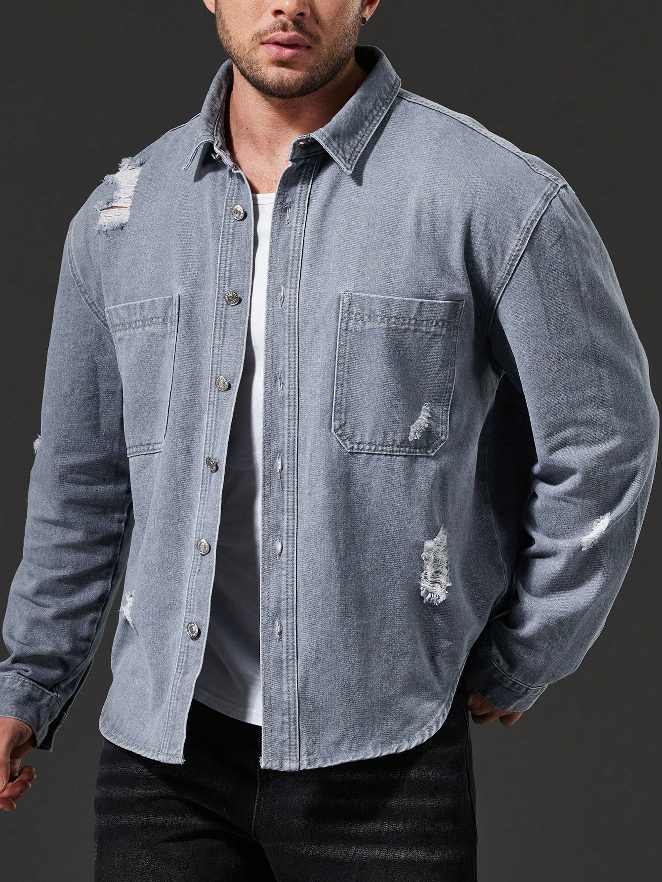 Men's Plus Size Ripped Denim Shirt