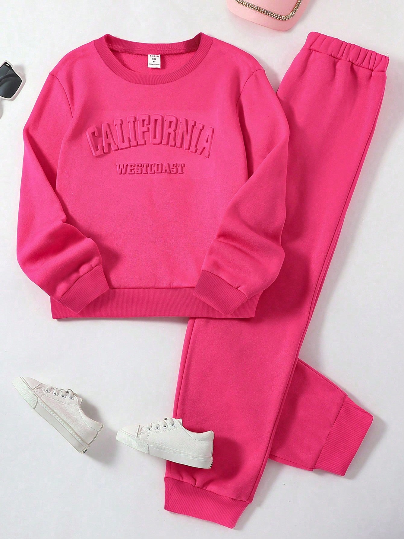 Young Girl Letter Embossed Spring Autumn Casual Sweatshirt & Sweatpants Set