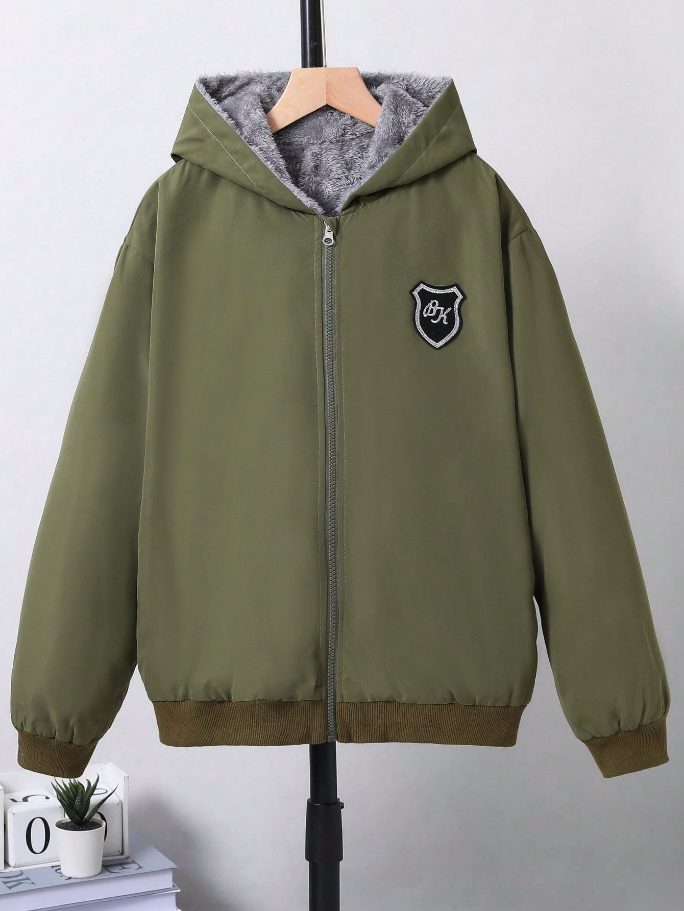 Tween Boy Letter Patched Detail Teddy Lined Hooded Jacket