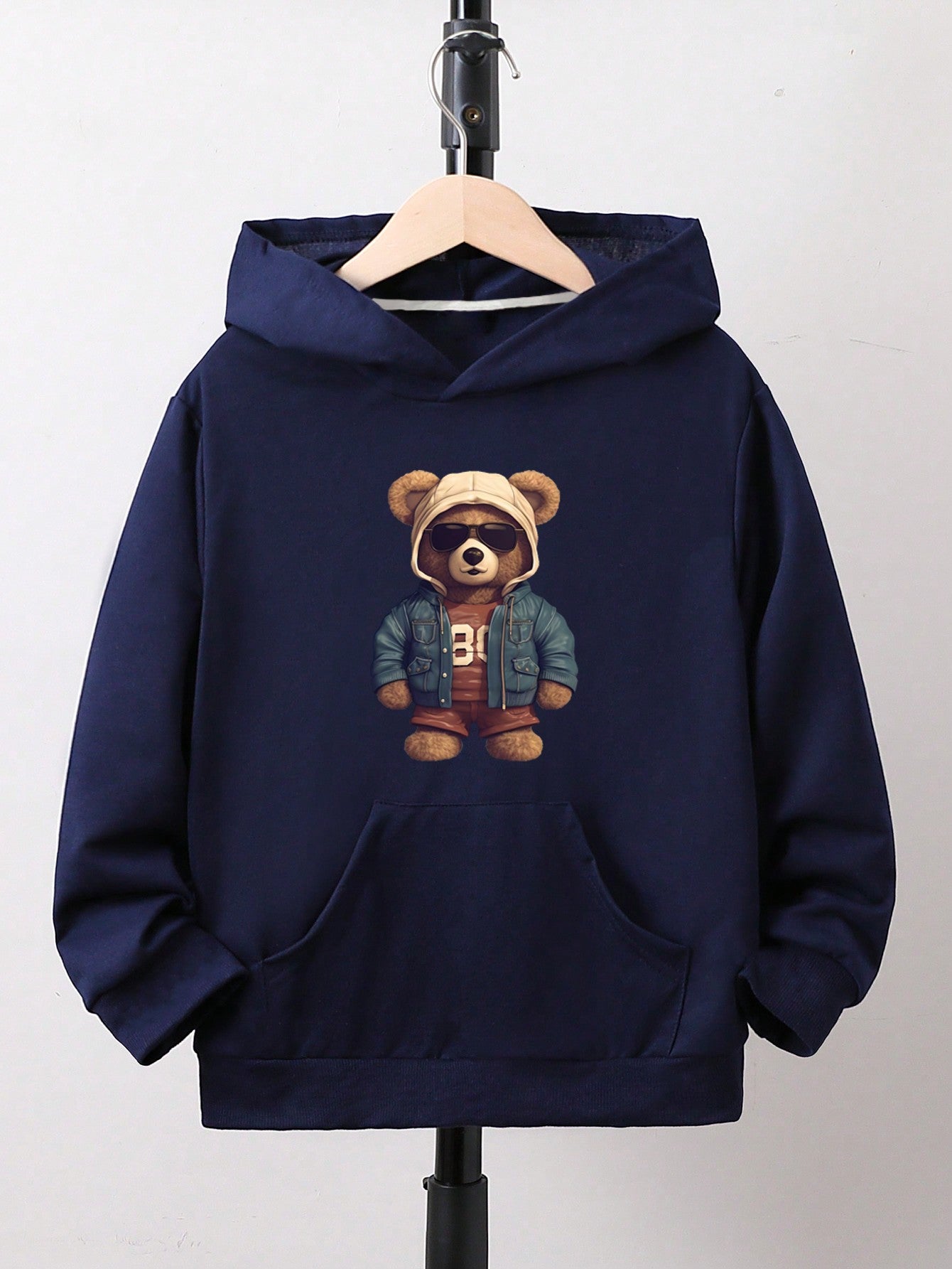 Tween Boys' Kangaroo Pocket Hoodie With Cartoon Bear Pattern