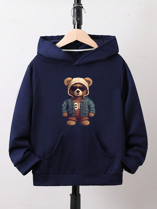 Tween Boys' Kangaroo Pocket Hoodie With Cartoon Bear Pattern