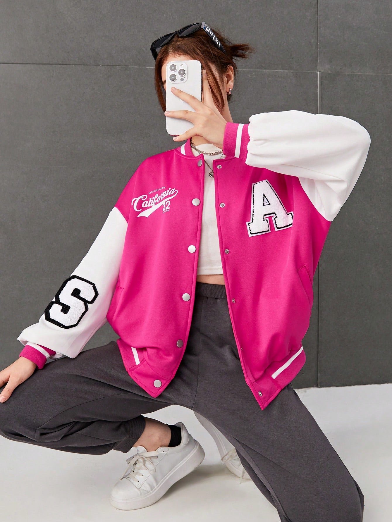 Teen Girl Letter Graphic Two Tone Drop Shoulder Varsity Jacket