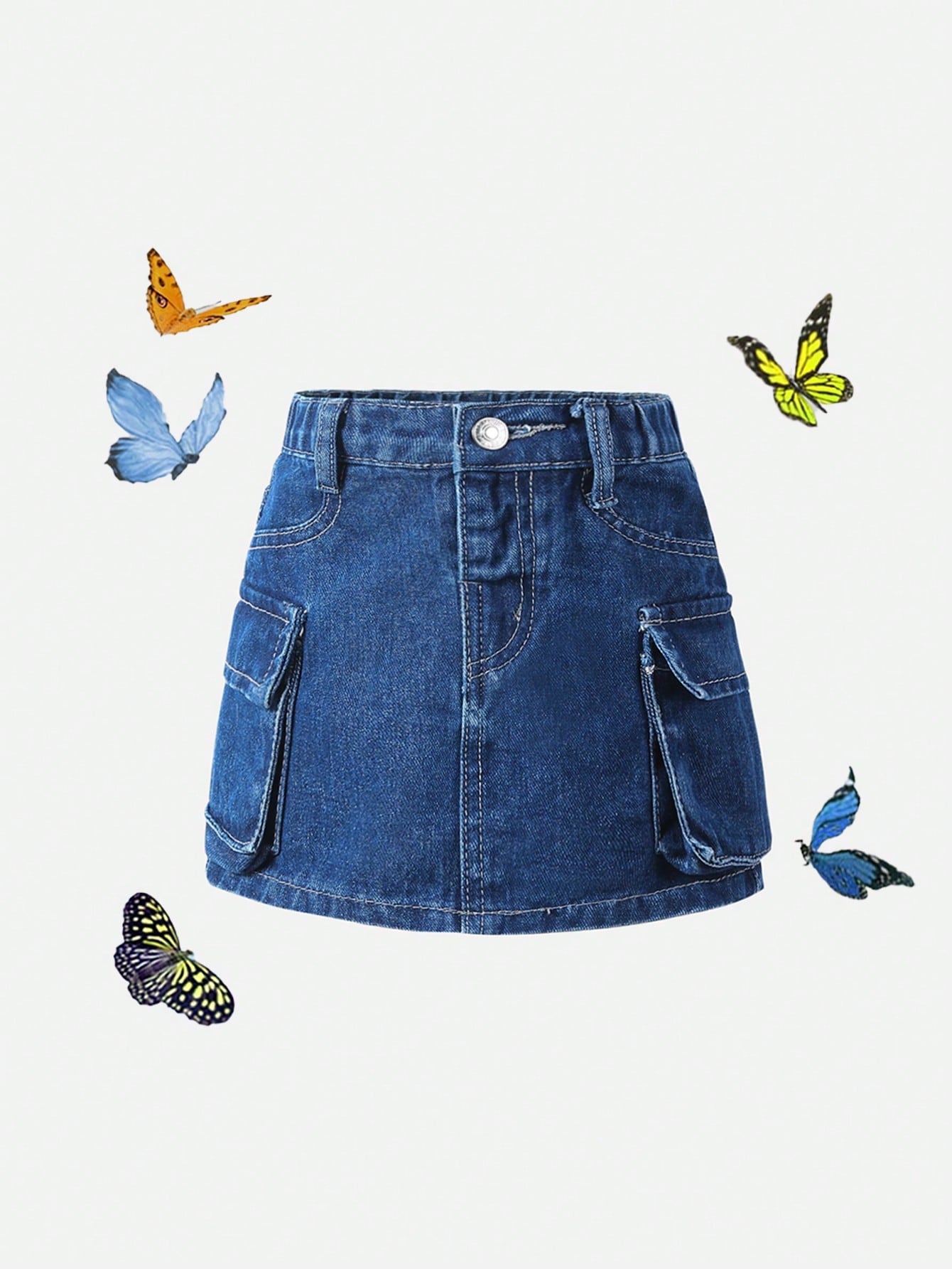 Streecool Kids Young Girl Casual And Loose Simple Multi-Pocket Denim Skirt