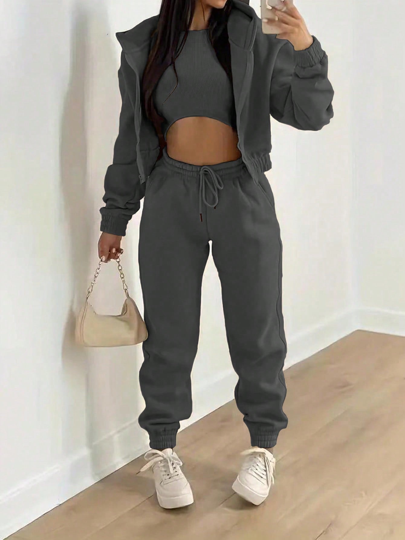 3 Piece Solid Color Hooded Short Sweatshirt And Sweatpants Vest Set