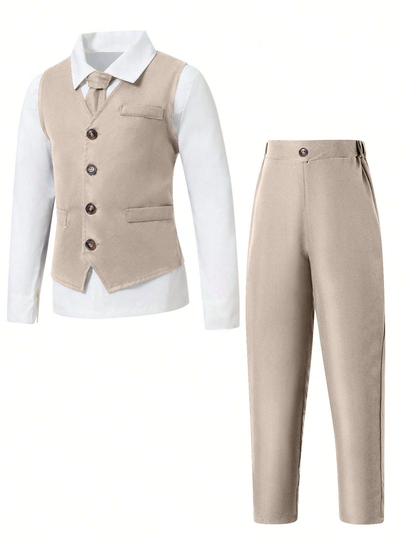 Tween Boy Gentleman 2pcs/Set Vest With Front Buttons & Long Trousers Suit, No Shirt And Accessories For Birthday Party, Evening Party, Performance, Wedding, Baptism, First Year Celebration